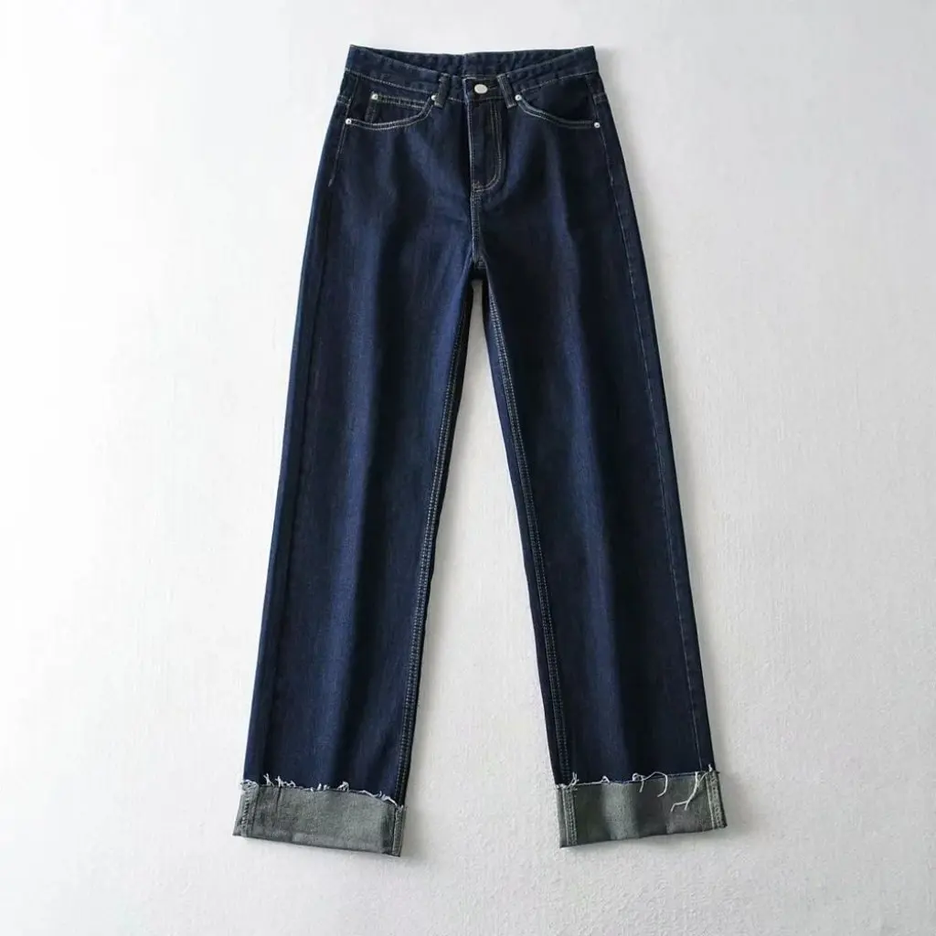Vaqueros rectos de cintura alta para mujer, Top prensado de color azul oscuro, pantalones ajustados de pierna ancha a la moda, estilo europeo americano, combina con todo
