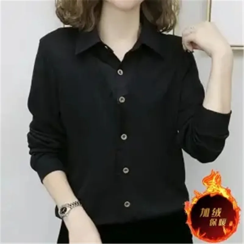 6XL Fashion Long Sleeved Fake Two Piece Shirt Female Tops Spring Autumn Winter Add Velvet Bottom Shirt Women\'s T-Shirt Blouse