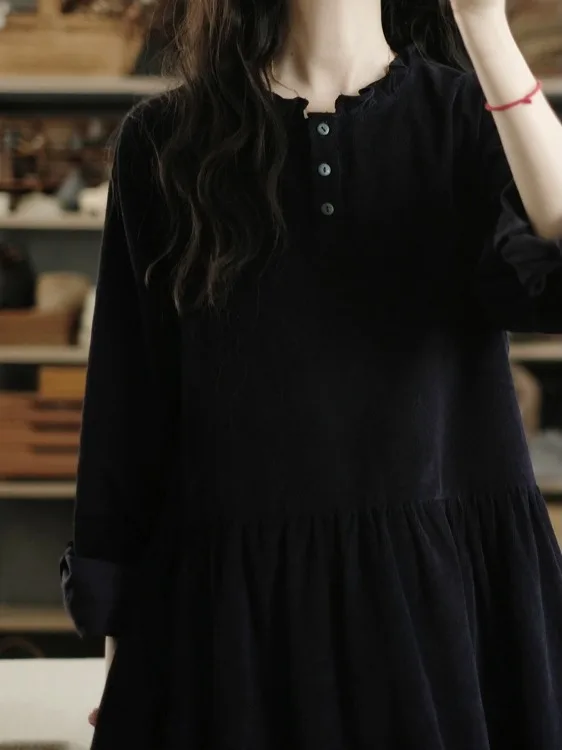 Winter Corduroy Dr Women's New 2025 High-End Gourmet Cap Collar Loose Midi Skirt Year End High-End Feelings Faionable