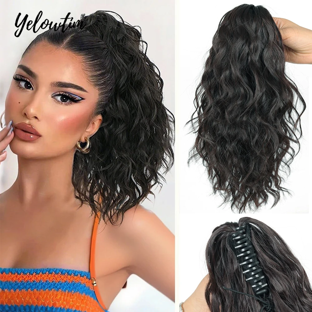 Yelowtim الاصطناعية مجعد الشعر التمديد 12 بوصة مخلب الرباط ذيل حصان خصلات شعر وهمية متوسطة براون مزيج التبييض شقراء #1