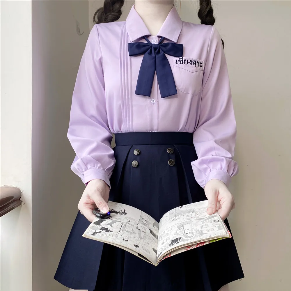 Thailand Korean Long Sleeve White Purple Shirt Pleated Skirt Girl Dress For JK School Uniform Students Cosplay Sailor Outfit