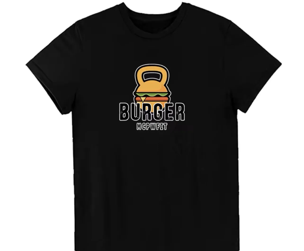 MCPWFIT Burger Kettlebell Creative Graphic Cotton Gym T-Shirt Chest Print White Unisex Crew Neck Short Sleeve Men's T-shirts