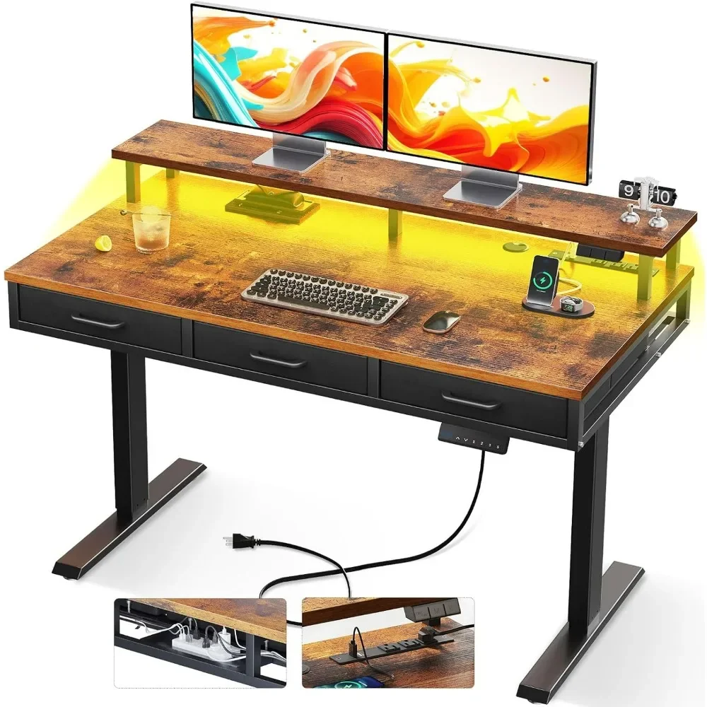 

47 Inch Electric Standing Desk with 3 Drawers, Adjustable Desk with LED Lights, Sit Stand Desk Computer Workstation