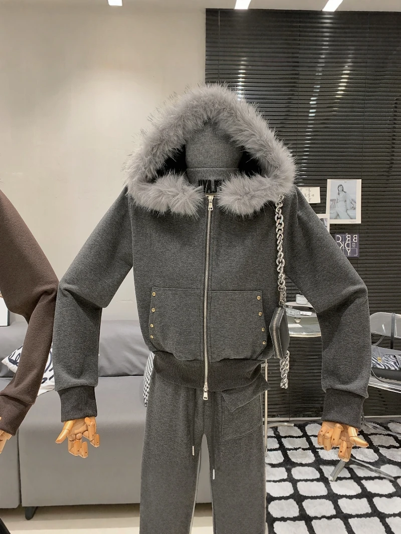 

Корейский свитер на молнии с капюшоном, джато, расклешенные брюки, женские осенне-зимние модные трендовые комплекты из двух предметов для похудения и поездок на работу...