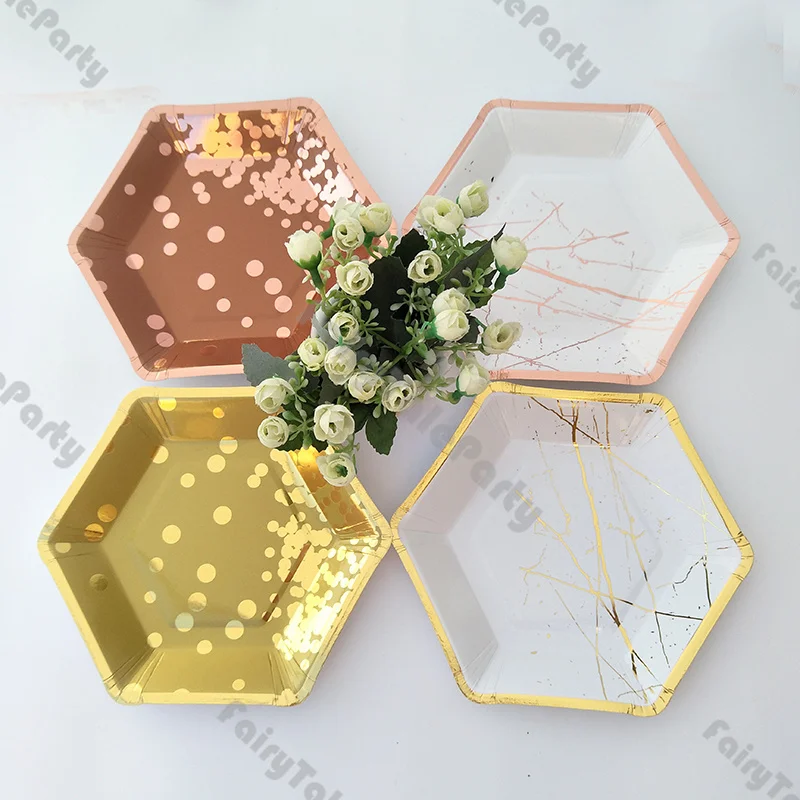 

Food Grade Paper Tableware 8pcs Disposable Tableware Set Gold and Rose Gold Paper Plates Event Party Supplies