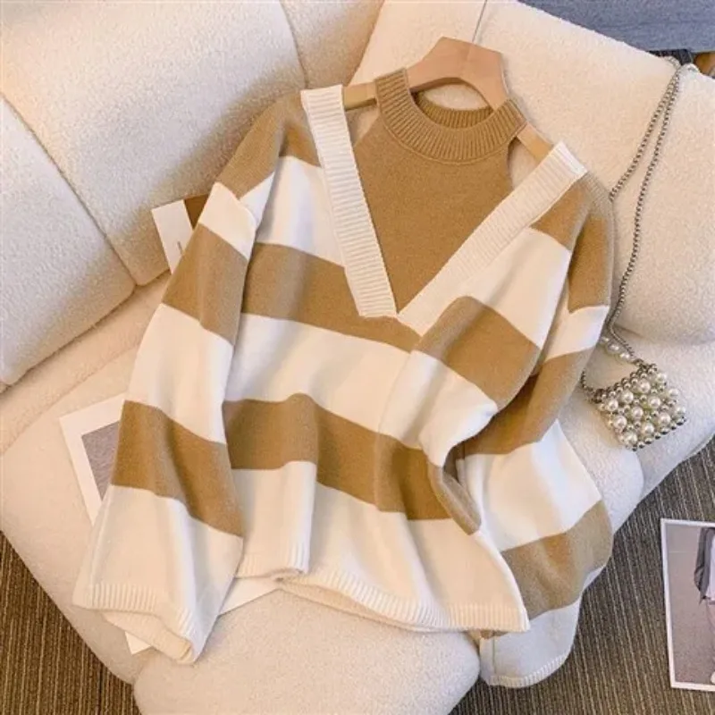 Ladies Oversized Knitted Pullover Fake Two-Piece Halter Cutout Design Green White Stripe V Neck Long Sleeve Loose Knit Sweater