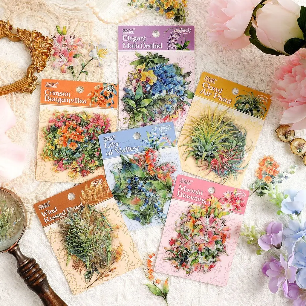 20 Stück Transparente Blumen PET-Aufkleber Set DIY Tagebuch Dekoration Aufkleber Album Scrapbooking Junk Journal Sticker
