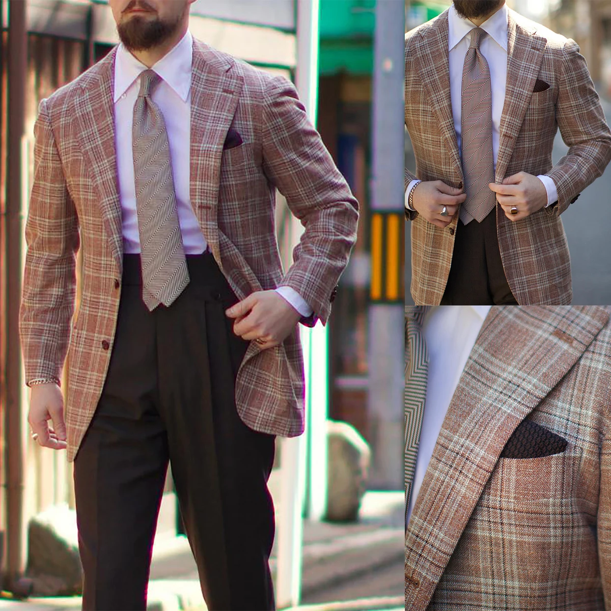 Fashion Men's Suit 2 Pieces Blazer Pants Single Breasted Peaked Lapel Business Slim Tuxedo Formal Wedding Groom Costume Homme