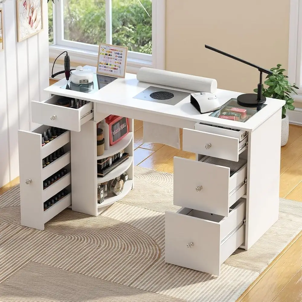 

Glass Top Manicure Desk with Trash Bag Holder, Acrylic-Resistant Nail Technician Station, White Beauty Workstation with Wrist Re