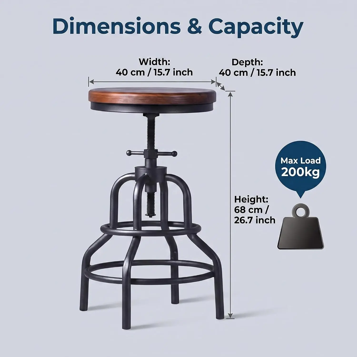 Industrial Bar Stools, Screw Twist Height Adjustable Counter Stool with Round Solid Wood Seat, Matte Black Iron Frame, 440LBS Load Capacity for Home Bar Cafe Workshop, Set of 2, Brown Wood