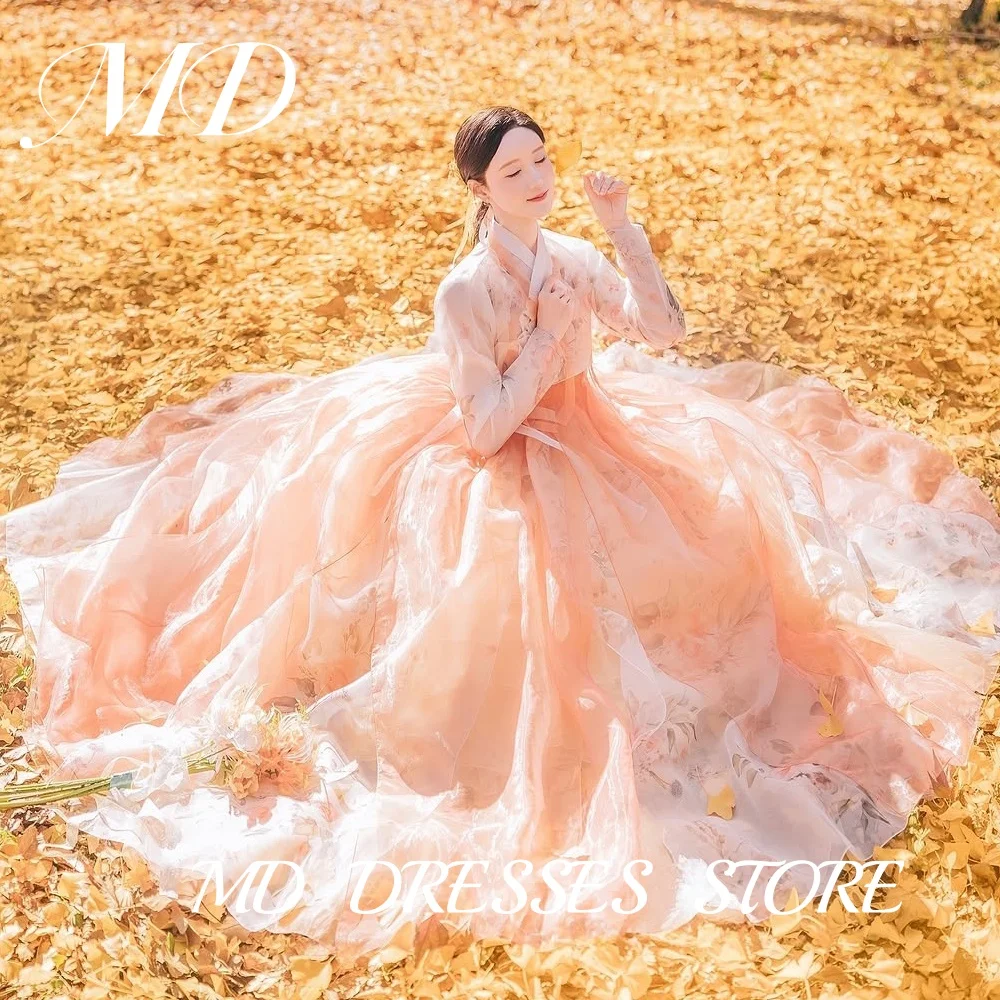 

MD Orange print A Line Hanbok Long Sleeve V-Neck Wedding Dress Korea PhotoShoot Bridal Gowns Customised Formal Party Dress 2025