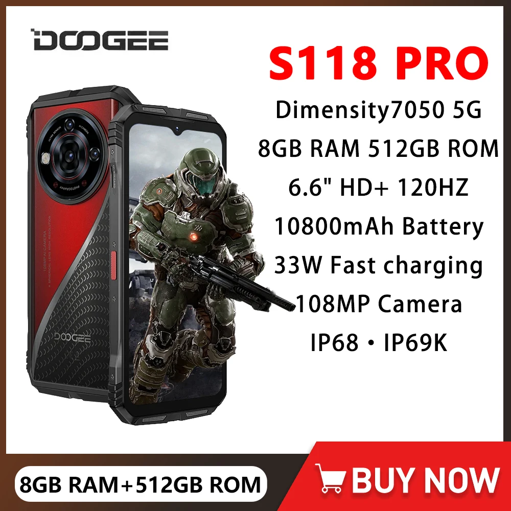 DOOGEE S118 Pro 5G Rugged Phone 6.6'' FHD 120Hz 8GB RAM 512GB ROM Mobile Phone Android 14 108MP 10800mAh Battery Cellphone NFC