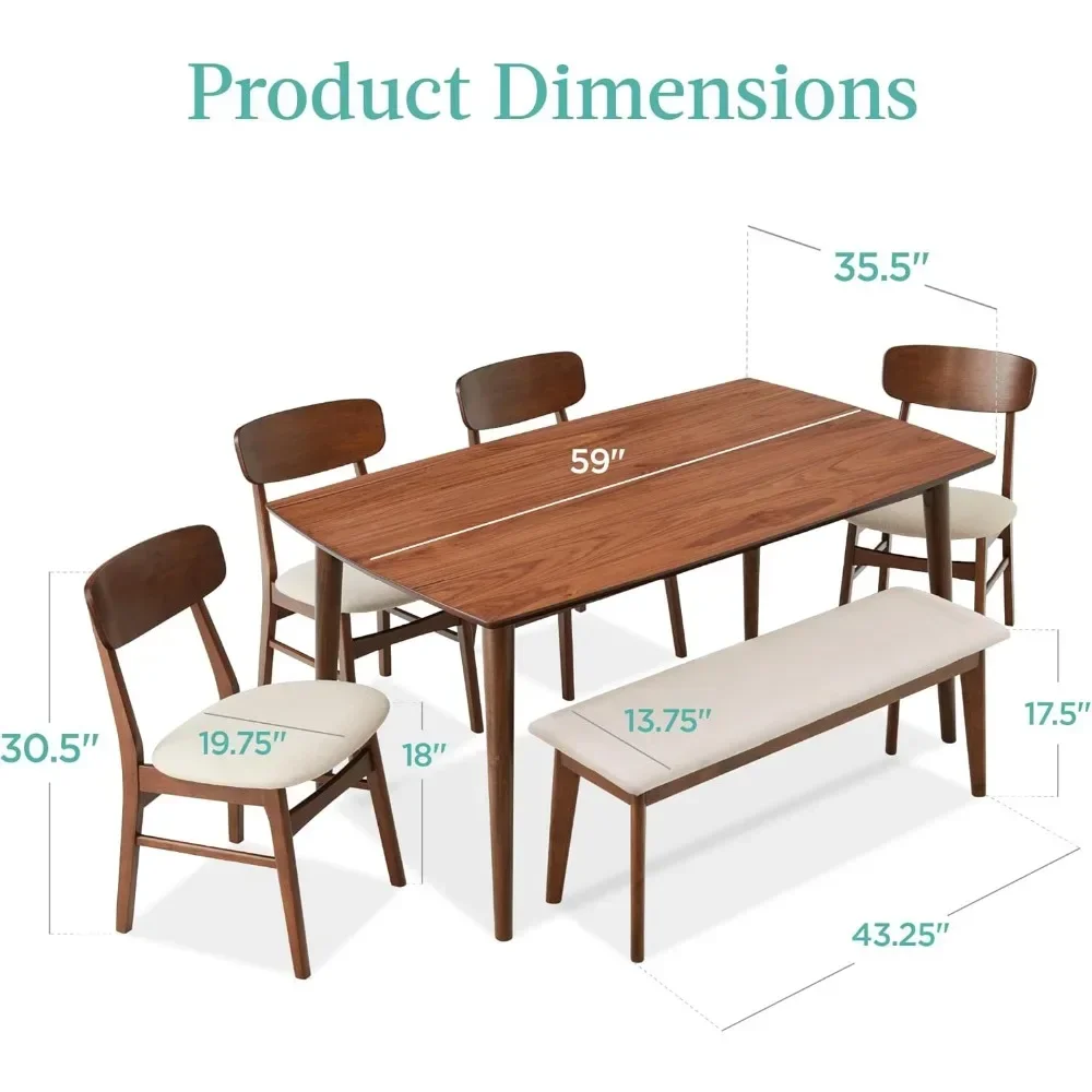 6-Piece Wooden Dining Set, Mid-Century Modern Table & Upholstered Chair Set w/Bench Seat, Rubberwood Legs - Brown/Cream