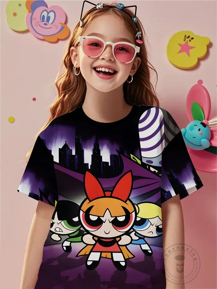 

Модная футболка с изображением мультяшного персонажа Powerpuff для девочек, новая летняя футболка с 3D принтом и короткими рукавами, топ с круглым вырезом для мальчиков и девочек, уличная повседневная одежда