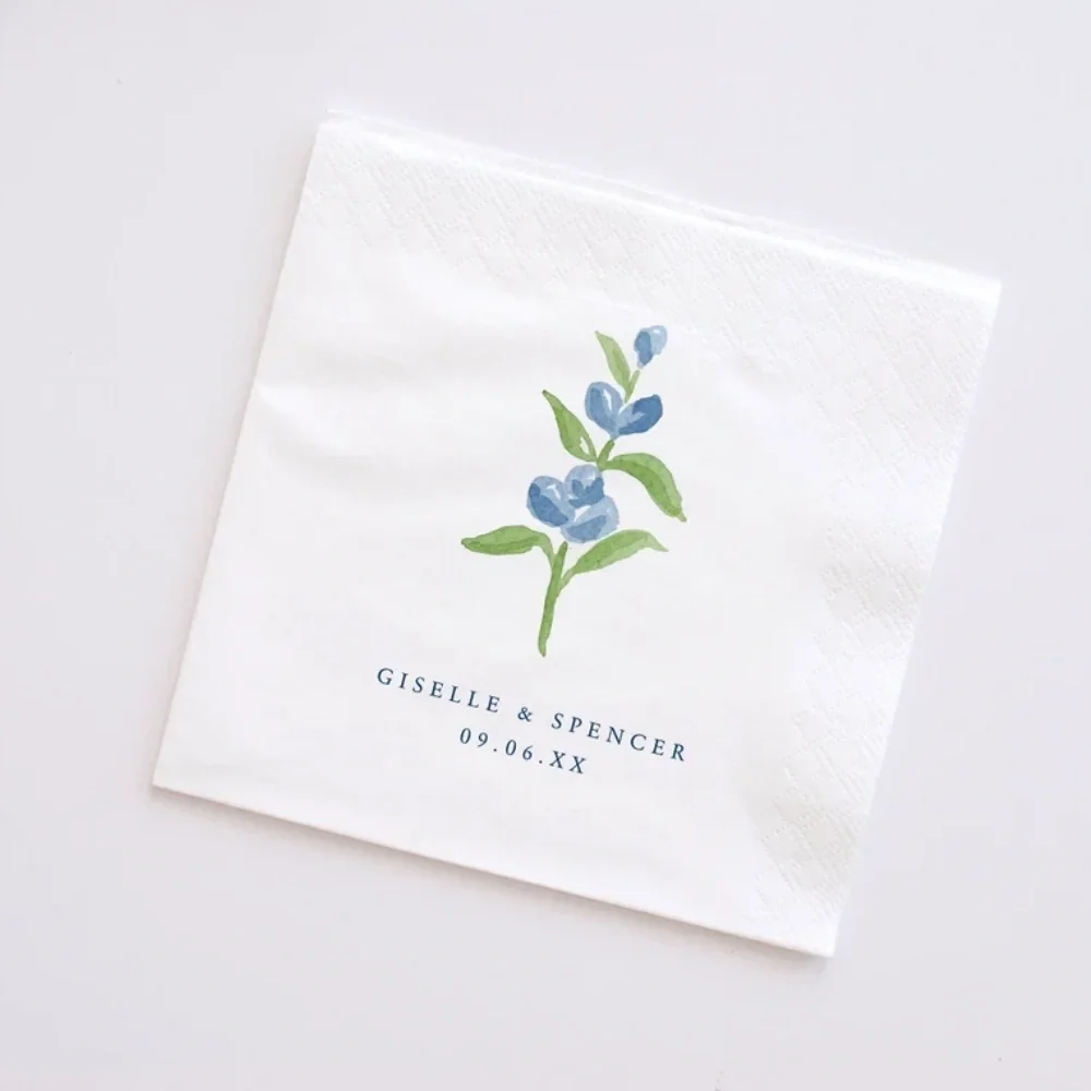 Custom Blue floral wedding napkin pemplatE,blue flower cocktail napkin,napkin template,editable blue wildflower napkin template