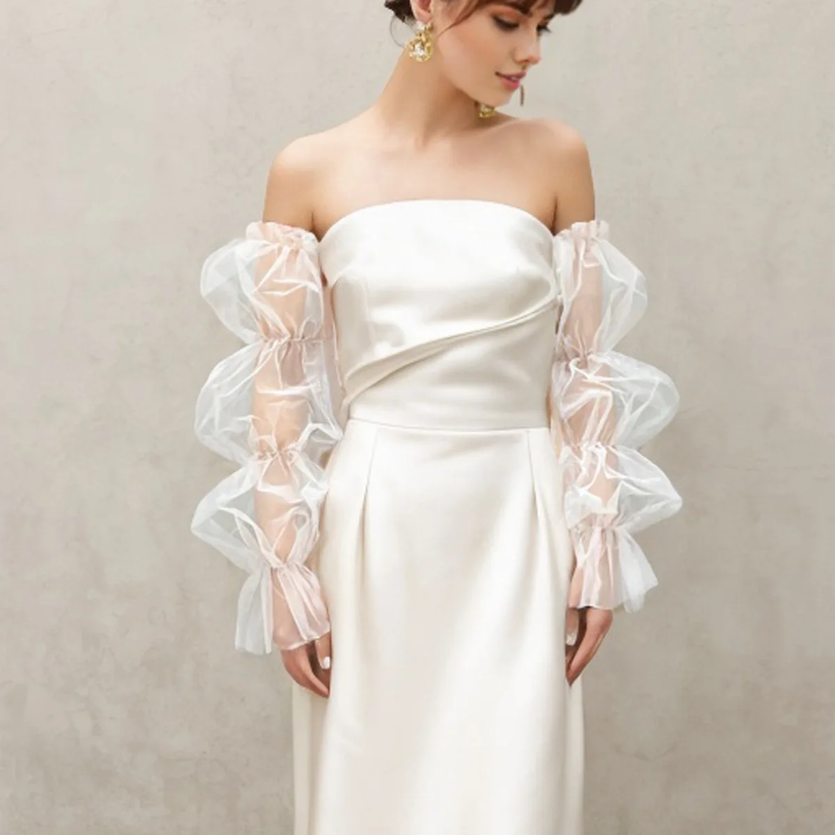Women's Elegant Designer Puff White Mesh Arm Sleeve Female Vintage Photography Formal Dress Performance Party Glove R3205