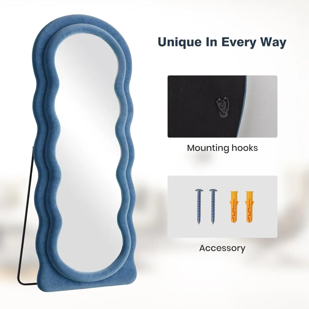 아치형 물결 모양 전신 벽걸이형 거울, 63x24 블루 플란넬 프레임, 스탠드 포함, 기대어 놓는 벽걸이형 거울 옵션