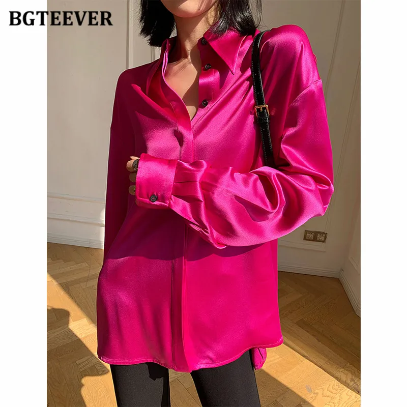 BGTEEVER Stylish Single-breasted Female Satin Blouses Tops Long Sleeve Loose Solid Women Shirts Spring Ladies Blusas