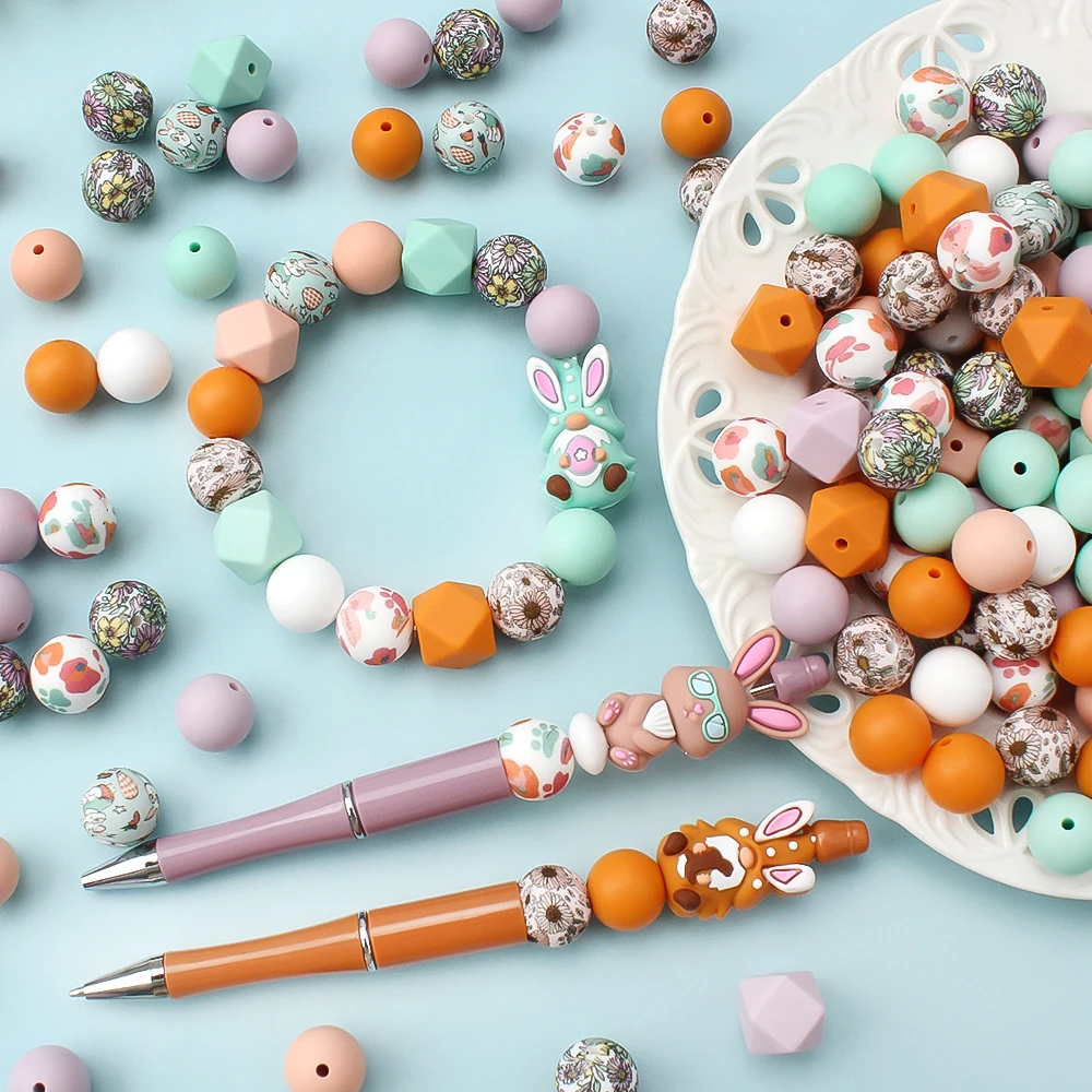 3D Silicone Beads Set Easter Bunny Eggs Focal Beads for Pen Making Jewelry Necklace DIY KeyChain Accessory Decorative Beads