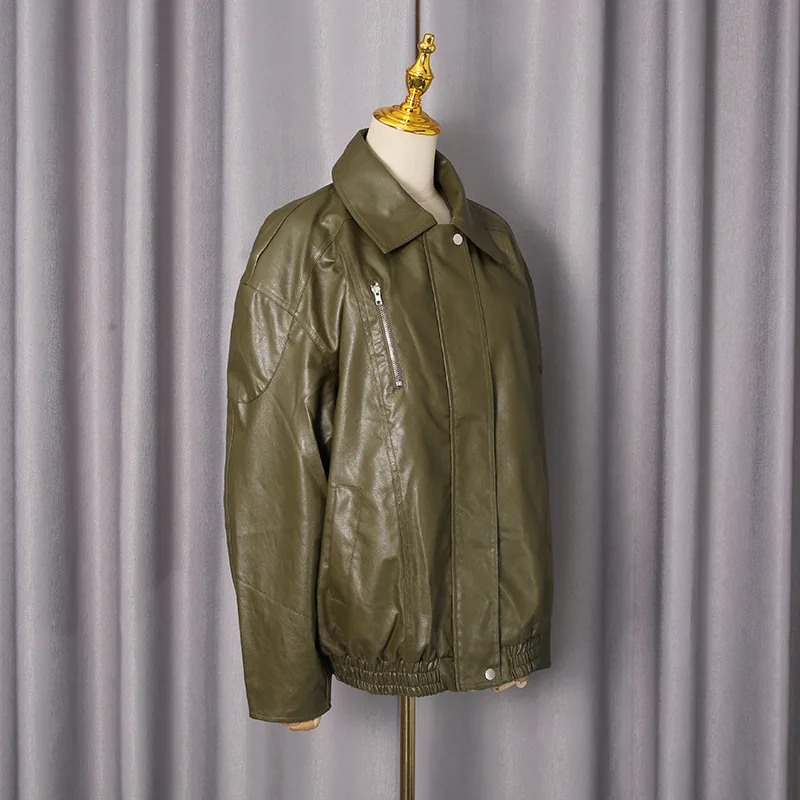 HKSH Primavera Autunno Nuova Giacca da donna in pelle Pu Colletto rovesciato Cerniera Versatile Retro Cappotto di tendenza per moto Chic Tide HK16016