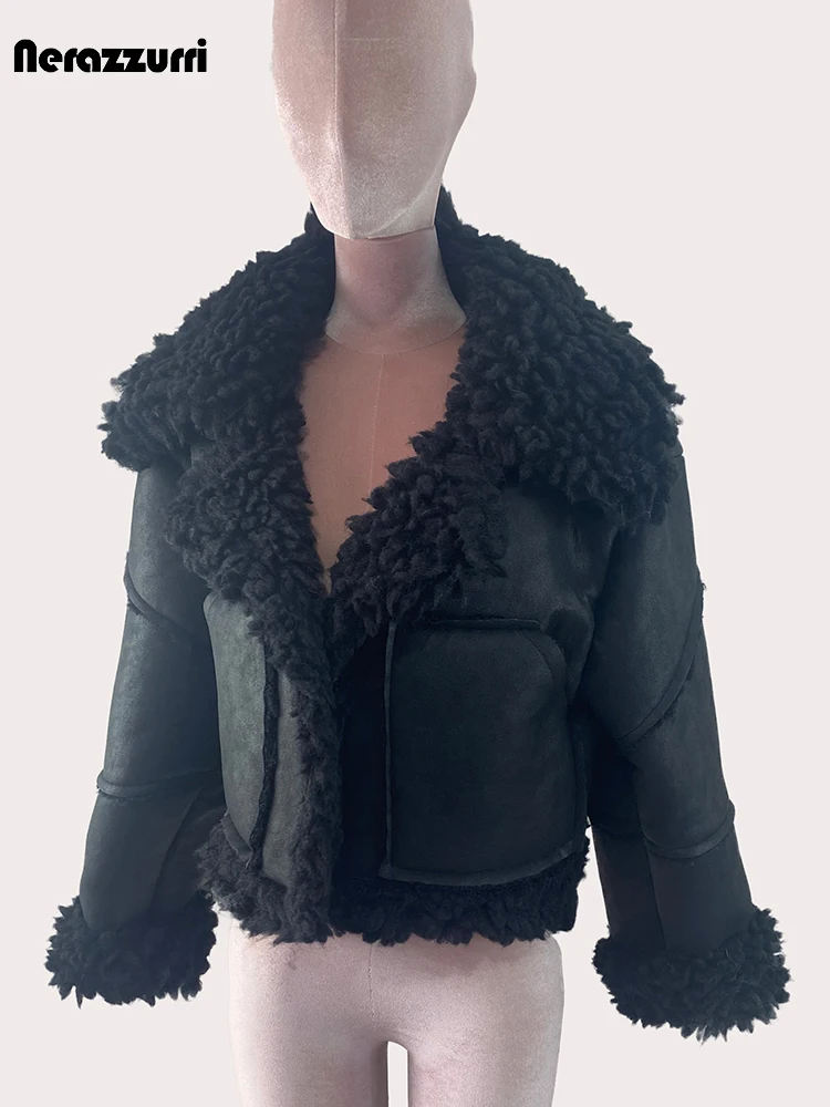 Nerazzurri Autumn Winter Cool Short Hairy Fluffy Thick Warm Black Faux Sheepskin Coat Women Loose Casual Shearling Jacket 2024