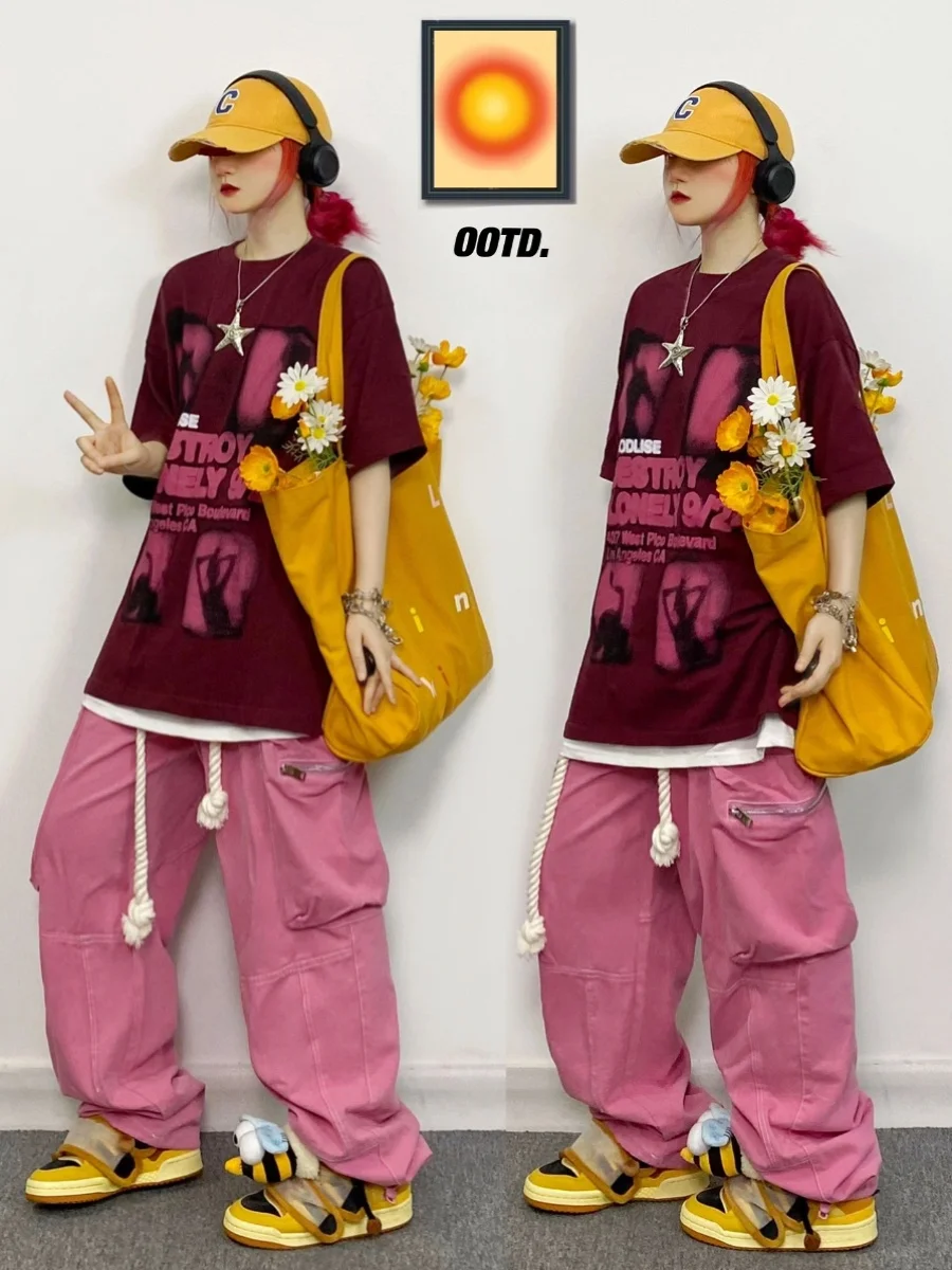 

Pink Workwear Pants Men's Summer Trendy Dopane Loose Wide Leg High Street Casual Trousers Breathable Cotton Teenager