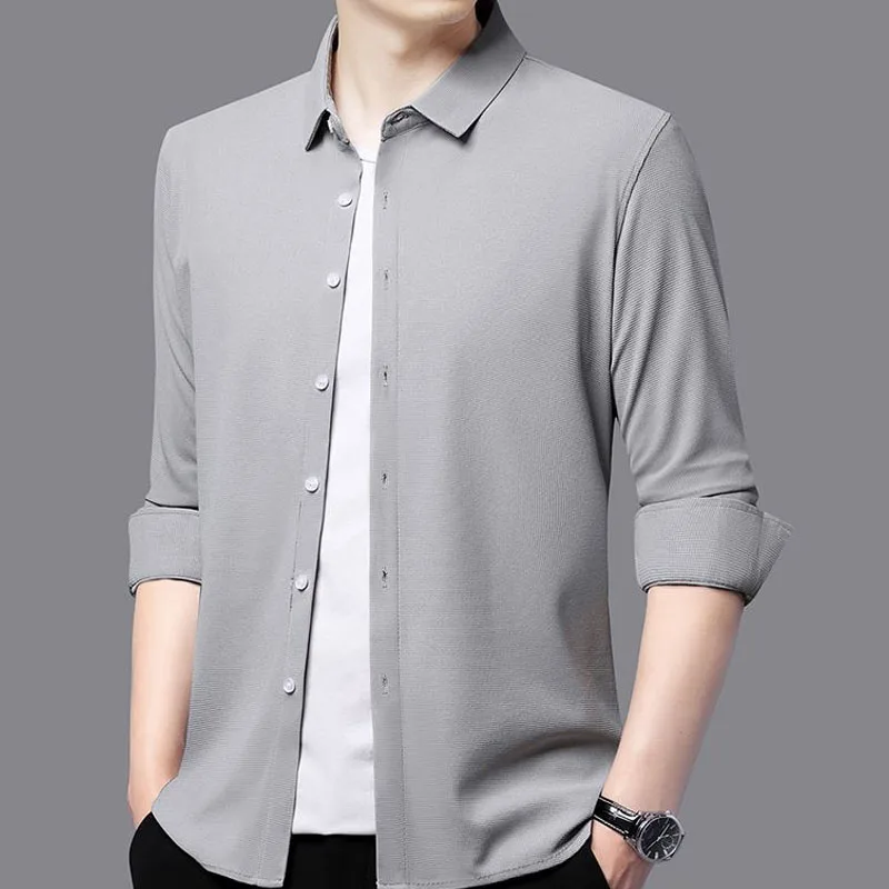 2023 New Spring and Autumn Fashion Trend Solid Color Waffle Slim Fit and Handsome Advanced French Business Men\'s Casual Shirt