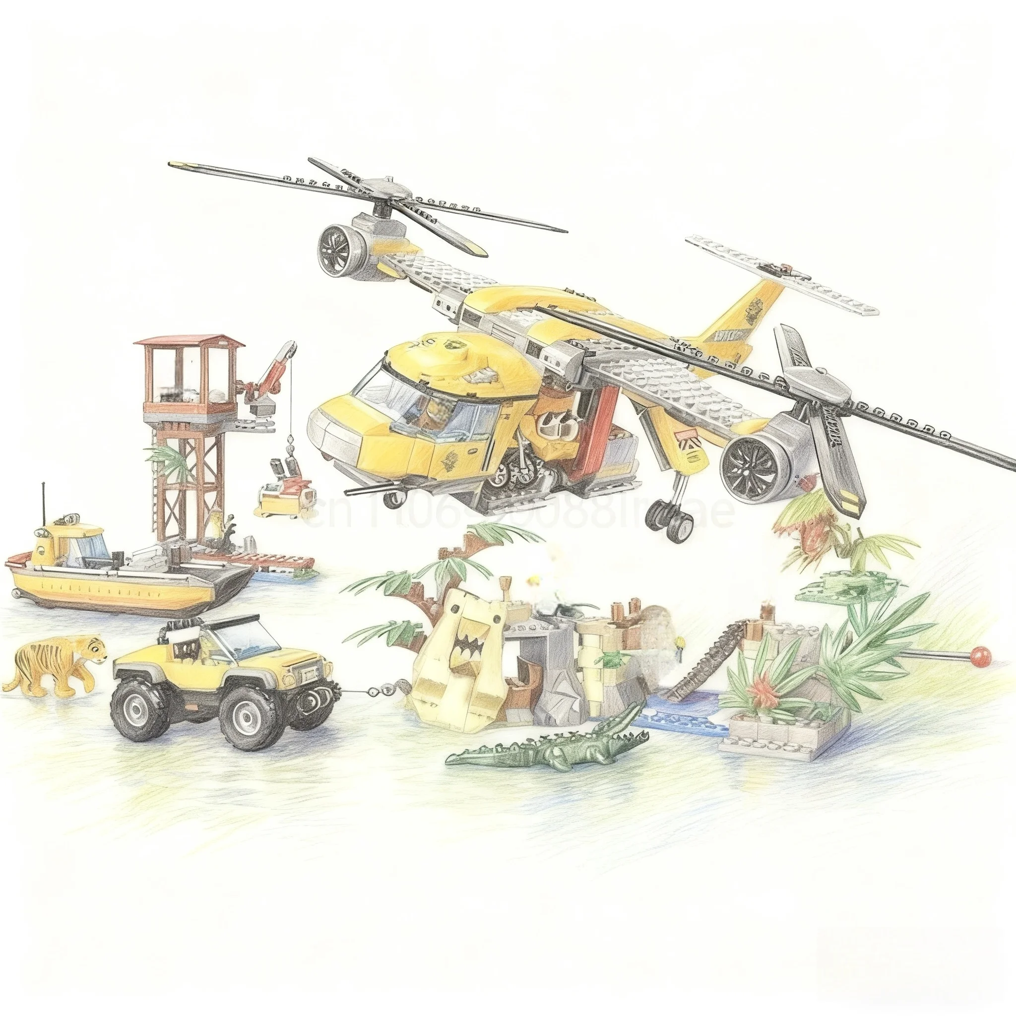 

Out of print, 1250 particles, urban series jungle airdrop helicopter building blocks, boys can build toys, Christmas gifts
