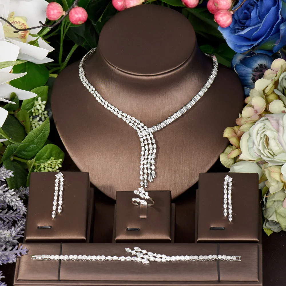HIBRIDE Elegant Long Shinny CZ jewelry Set Tassel Zircon Dubai Wedding jewelry Bijoux For Women Party Gifts Bisuteria N-1029
