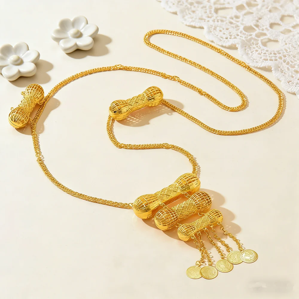 Golden Crossbody Bride Belt Hollow Peanut Shape Coin Tassel Moroccan Elegant Accessory Wedding Party Decorative Belt