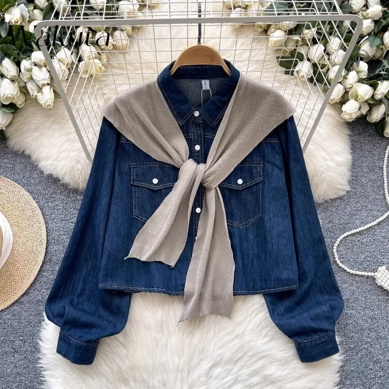 WAKUTA American Retro Versatile Casual Collar Long Sleeved Denim Shirt Two-piece Set Chic Outerwear Shawl Knit Sweater 여성 반팔 니트