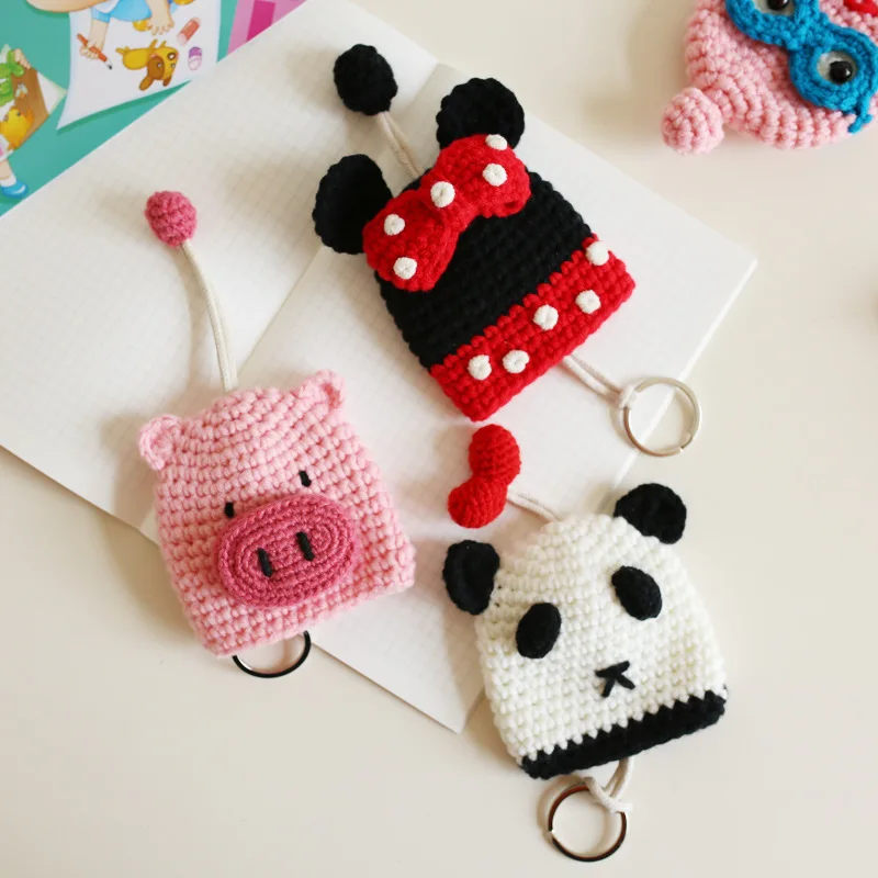 Creative Cartoon Knitting Drawstring Key Bag DIY Knitting Girls Cute Home Door or Car Key Protection Case Mobile Phone Pendant