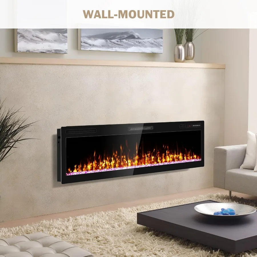مدفأة كهربائية مقاس 60 بوصة مثبتة على الحائط ومستغرة مع جهاز تحكم عن بعد، تأثير لهب واقعي قابل للتعديل مع متعة مؤقت