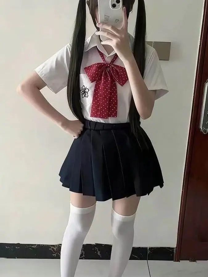 

Sweet White Sakura Short Sleeve Shirt Top Layered Skirt School Uniform Style Small Size Set Breathable Polyester Blend Casual...