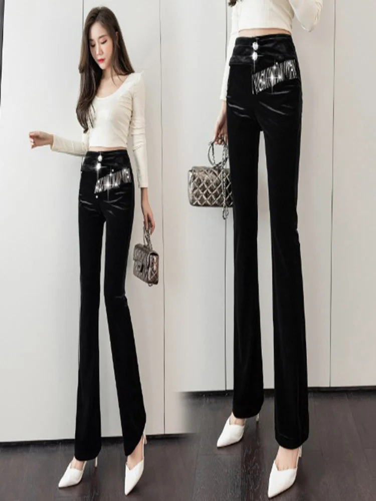 

Winter Pants Women's Slim Flared Pants Pleuche Chain Tassel High Waist Drape Trousers Plus Velvet Thickening Clothing for Women