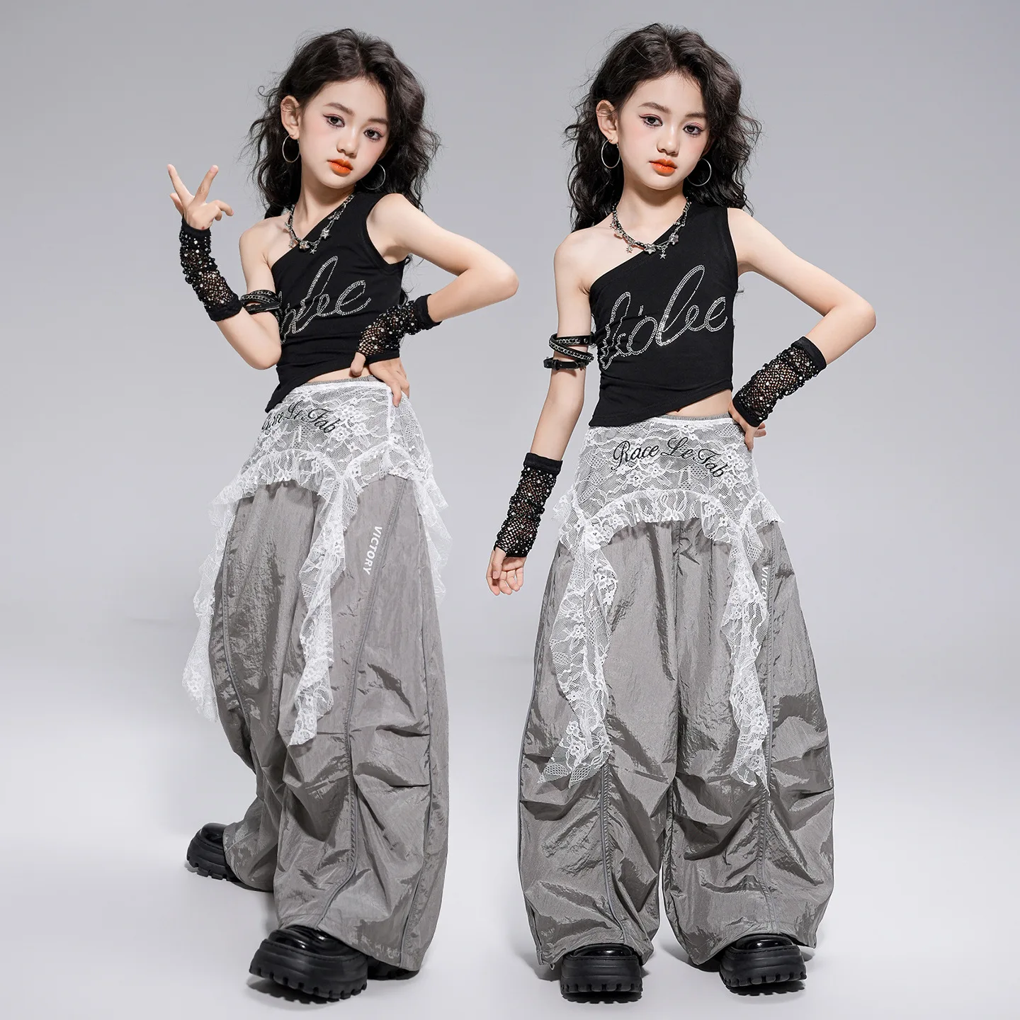 Girls Jazz Dance Suit Fashion Performance Clothes Kpop Dance Group Hip Hop Outfits Summer Black Top Pants Street Dance Costumes
