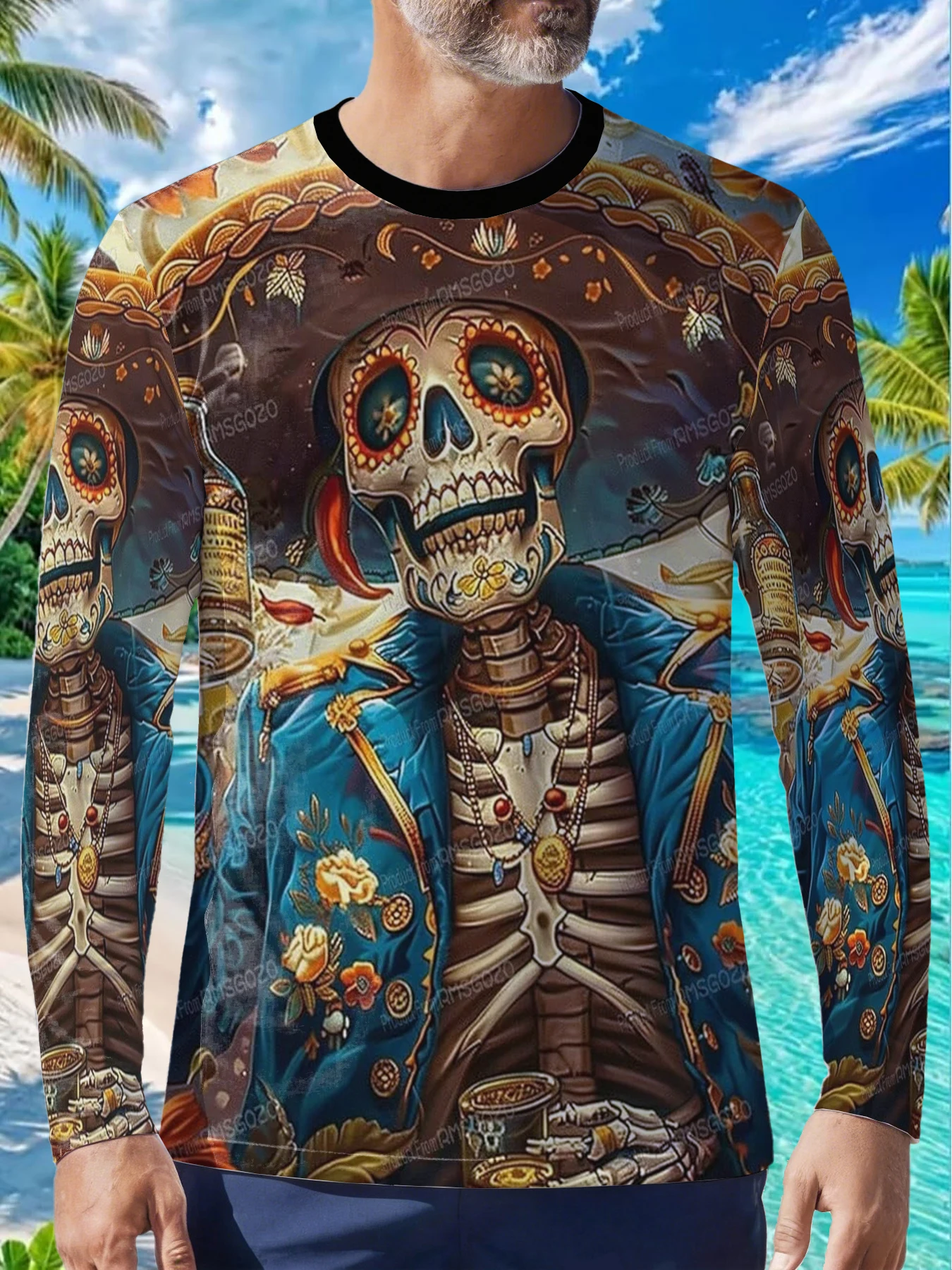 Day Of The Dead Skull Sombrero Marigold Mens Polyester Long Sleeve T Shirt Sugar Skeleton Print Graphic Tee Casual Streetwear So