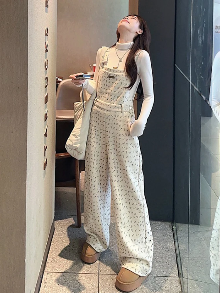 2024 Korean Floral Jumpsuits Button Fly Sleeveless High Waist Wide Legs Full Length Pants Korean Chic Design Women Clothes