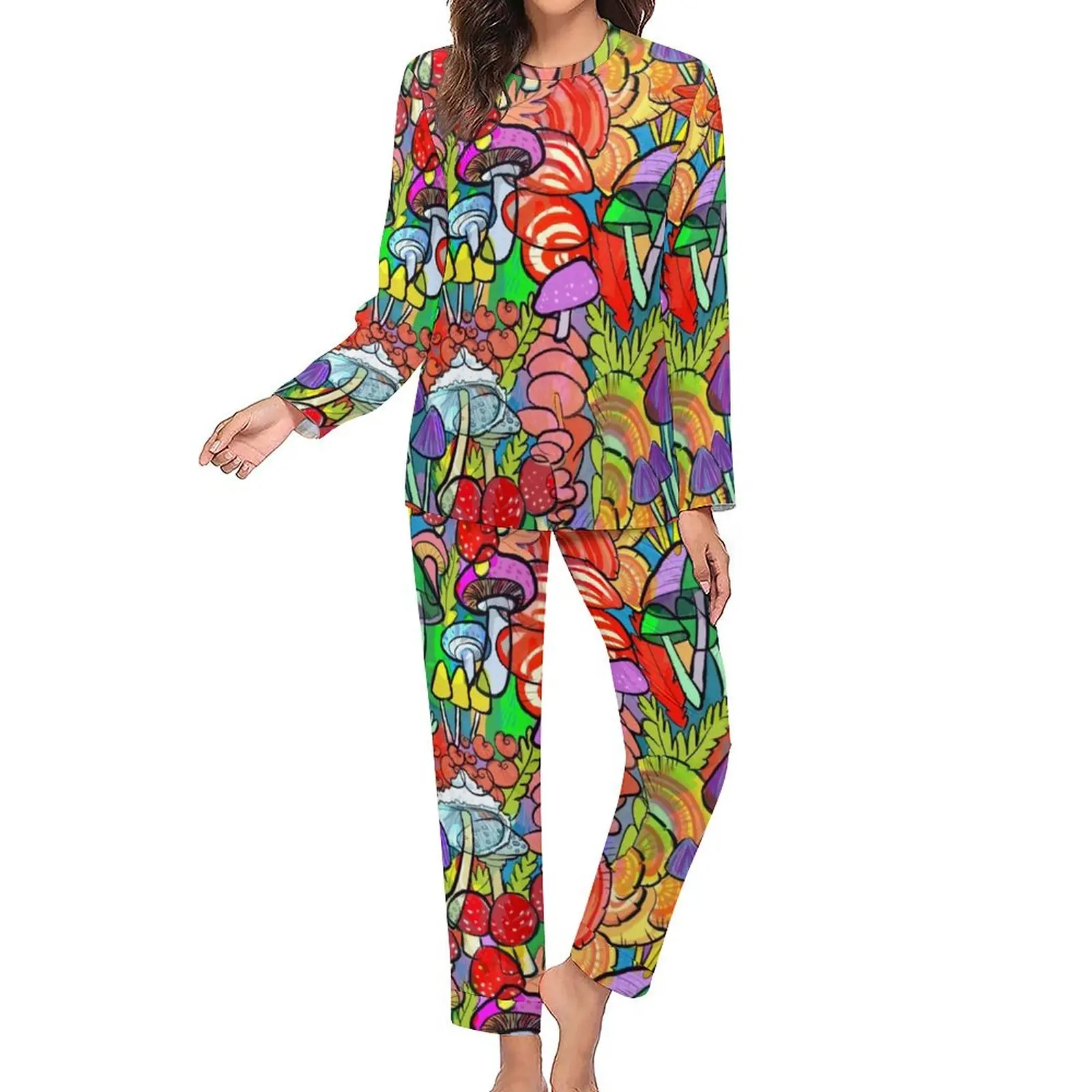 Colorful Mushroom Pajamas Women Overnight A Forest Retro Sleepwear Autumn 2 Piece Aesthetic Oversized Pajama Sets