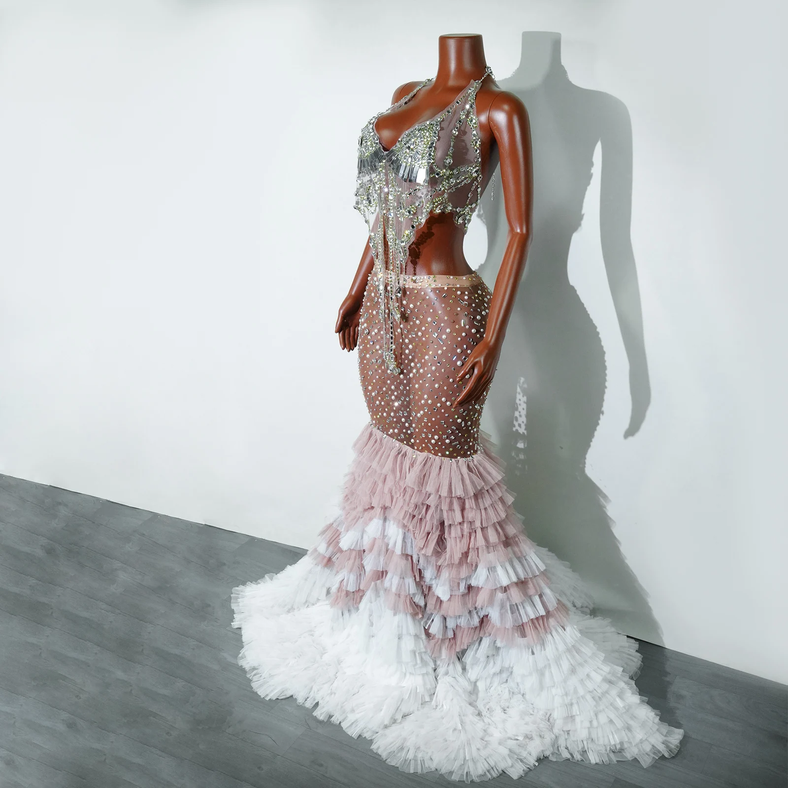 Длинное платье русалки с перьями и жемчугом, сверкающие стразы, женское сценическое платье для вечеринки, дня рождения, выпускного, наряд для фотосессии