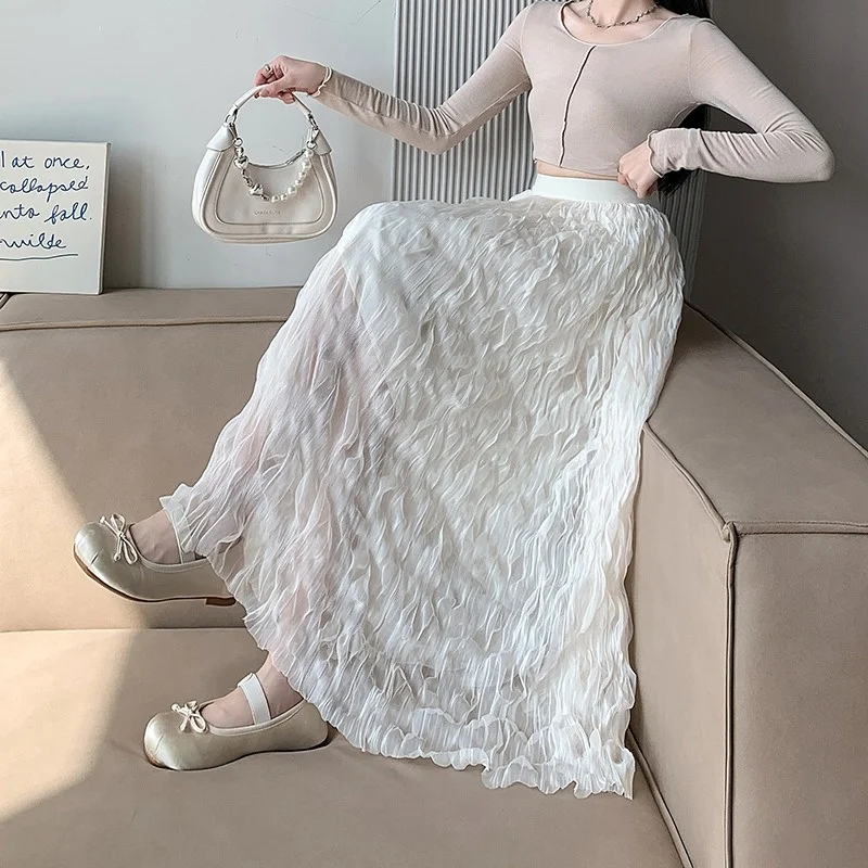 

Нежная весенне-летняя двухслойная пышная юбка-миди из тюля с волнистыми складками, создающая эффект воздушности, в стиле феи, с высокой талией, А-силуэт