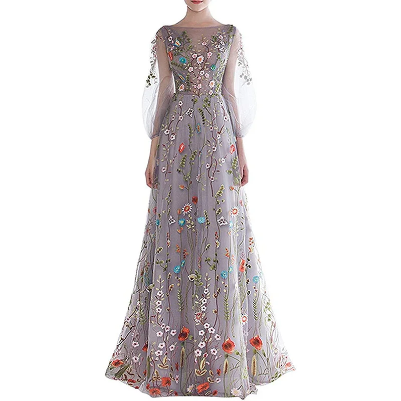 

Wedding Embroidered Chiffon Dress Long Colored Yarn Sexy Vestido De Mujer Para Bodas Invitada Vestido Cerimônia Mulher Elegante