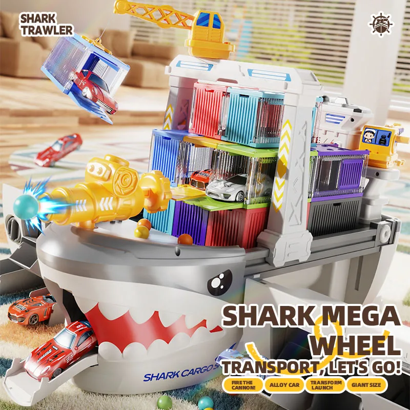 

Shark Transport Ship Mega Set with Launch Track, Ball Shooting, Container Storage & Rotating Crane, Ideal Birthday Gift for Boys