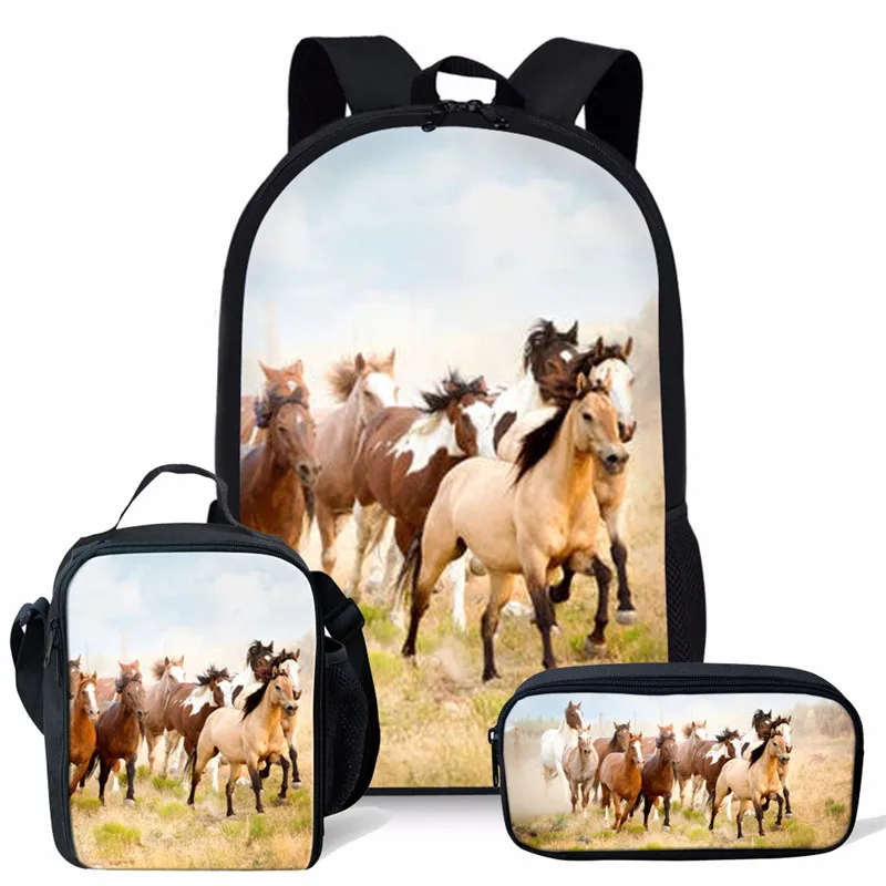 Harajuku Youthful Novelty Funny Horse 3D Print 3pcs/Set Student Travel bags Laptop Daypack Backpack Lunch Bag Pencil Case