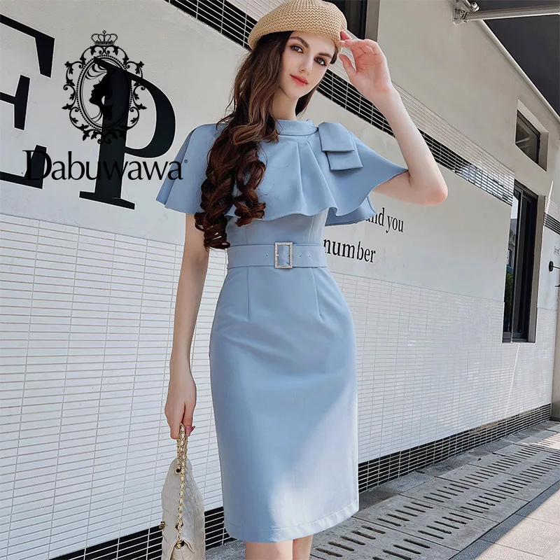 

Dabuwawa Office Belt Women Dress Elegant Ruffle Neck Midi Vestidos Female Sleeveless Slim Fitted Dresses Ladies DF1BDR106