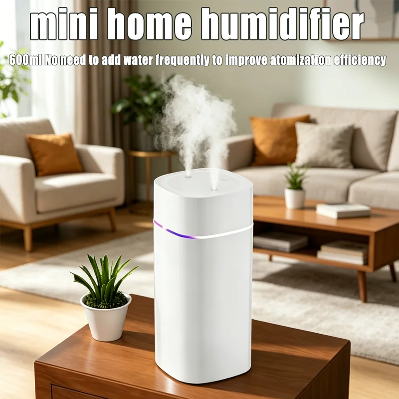 

600ml Mini Smart Humidifier Portable USB Rechargeable Dual Nozzles Silent Operation Large Mist Volume Suitable for Indoor Use