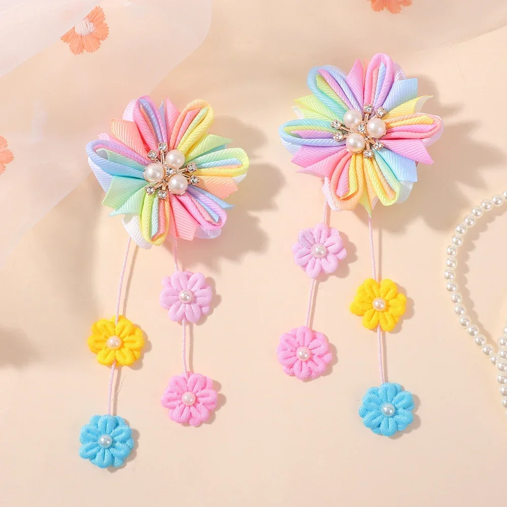 

2pcs/set Flower Hair Clips with Flower Tassel Faux Pearl Hairpins for Baby Girls Cute Barrettes Headwear Kids Hair Accessories