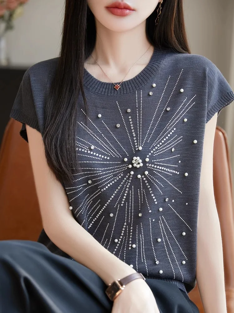 T-shirt ort Sve in maglia di bambù primavera estate da donna rotonda Ne impreziosita con diamanti sciolti base ort irt coreano Sle