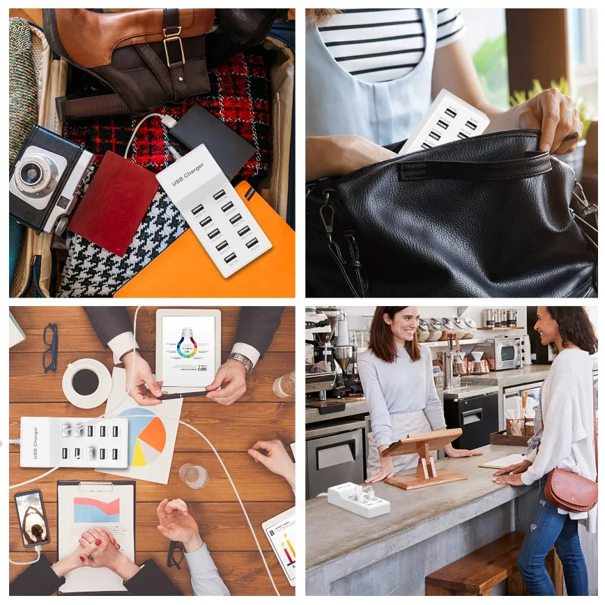 Stasiun Pengisi Daya USB 10-Port Pengisian Cepat dengan Teknologi Deteksi Otomatis Keamanan Dijamin Port Cerdas untuk Ponsel Tablet Lebih Banyak Perangkat.