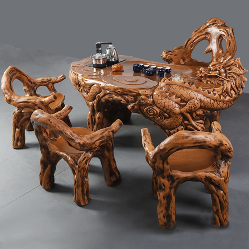 

Imitation Root Carving Dragon Table-Chair Set Tea Set